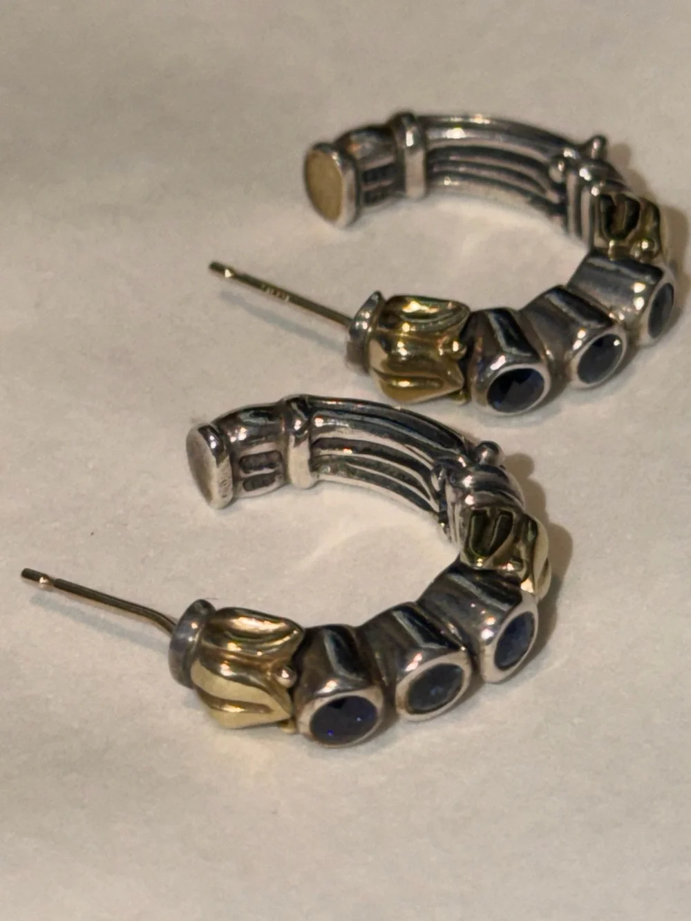 Lagos 18K Gold Silver 925 Blue Topaz Hoop Earrings - Picture 5 of 7